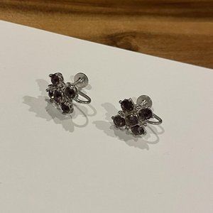 Signed Bogoff Silver Tone Purple Rhinestone Screw On Non Pierced Earrings